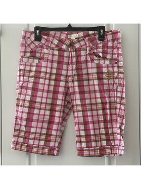 Pink & Brown Plaid Bermuda Shorts By Southpole Size 13 Cotton/Spandex Blend Embr